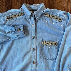 VTG 90s Gepetto Chambray Shirt Womens L Embroidered Gold Black Stars